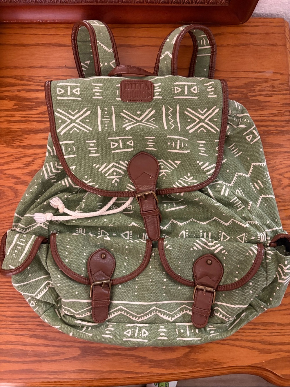 Billabong Green Canvas Backpack with White Tribal Print and Brown Trim